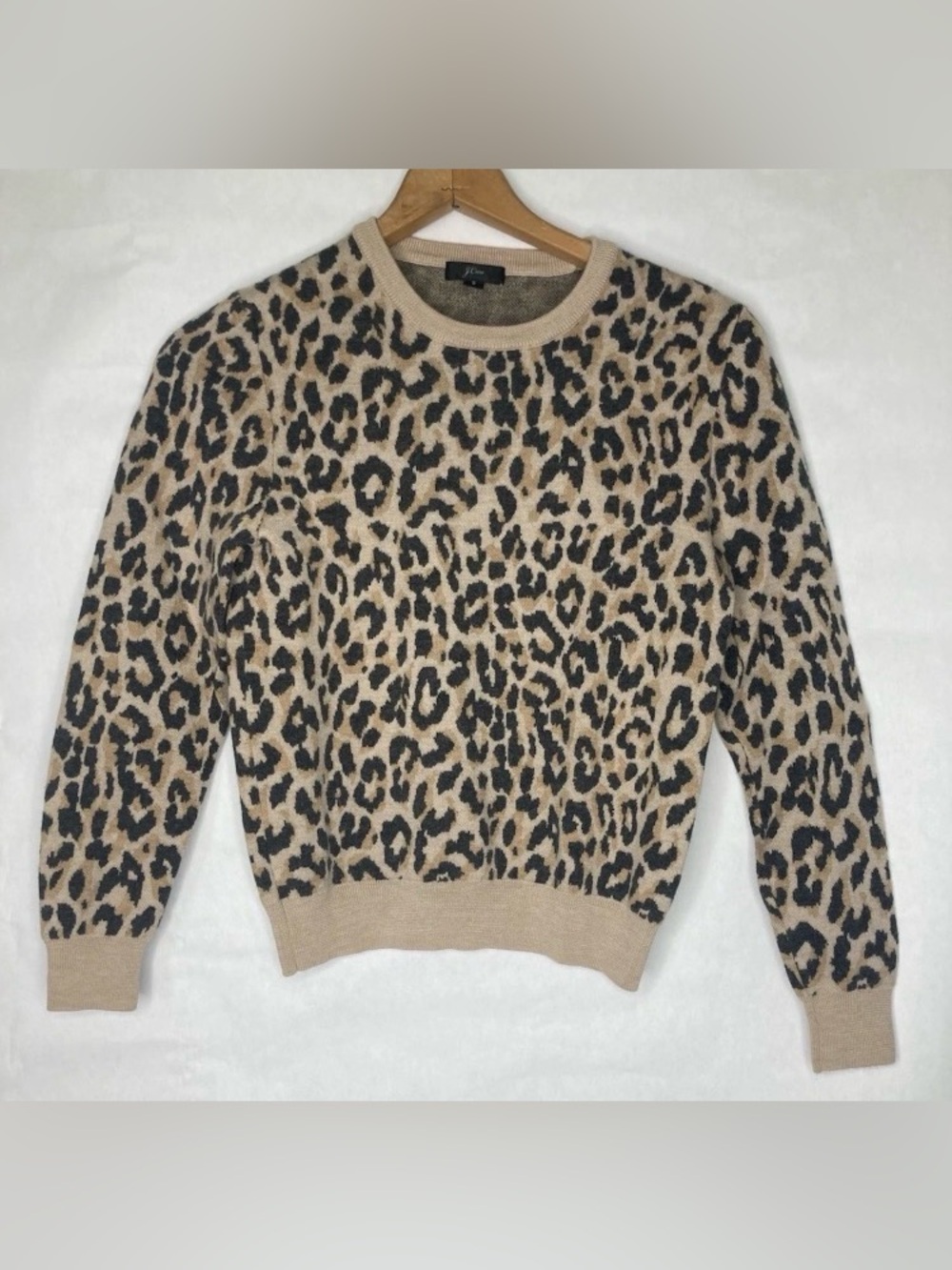 J.Crew Womens Leopard Print Crewneck Sweater Tan Black 100% Merino Wool S Small